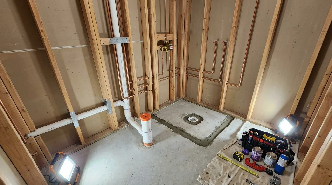 Bathroom rough-in plumbing during remodel by Johns Plumbing LLC in Slinger