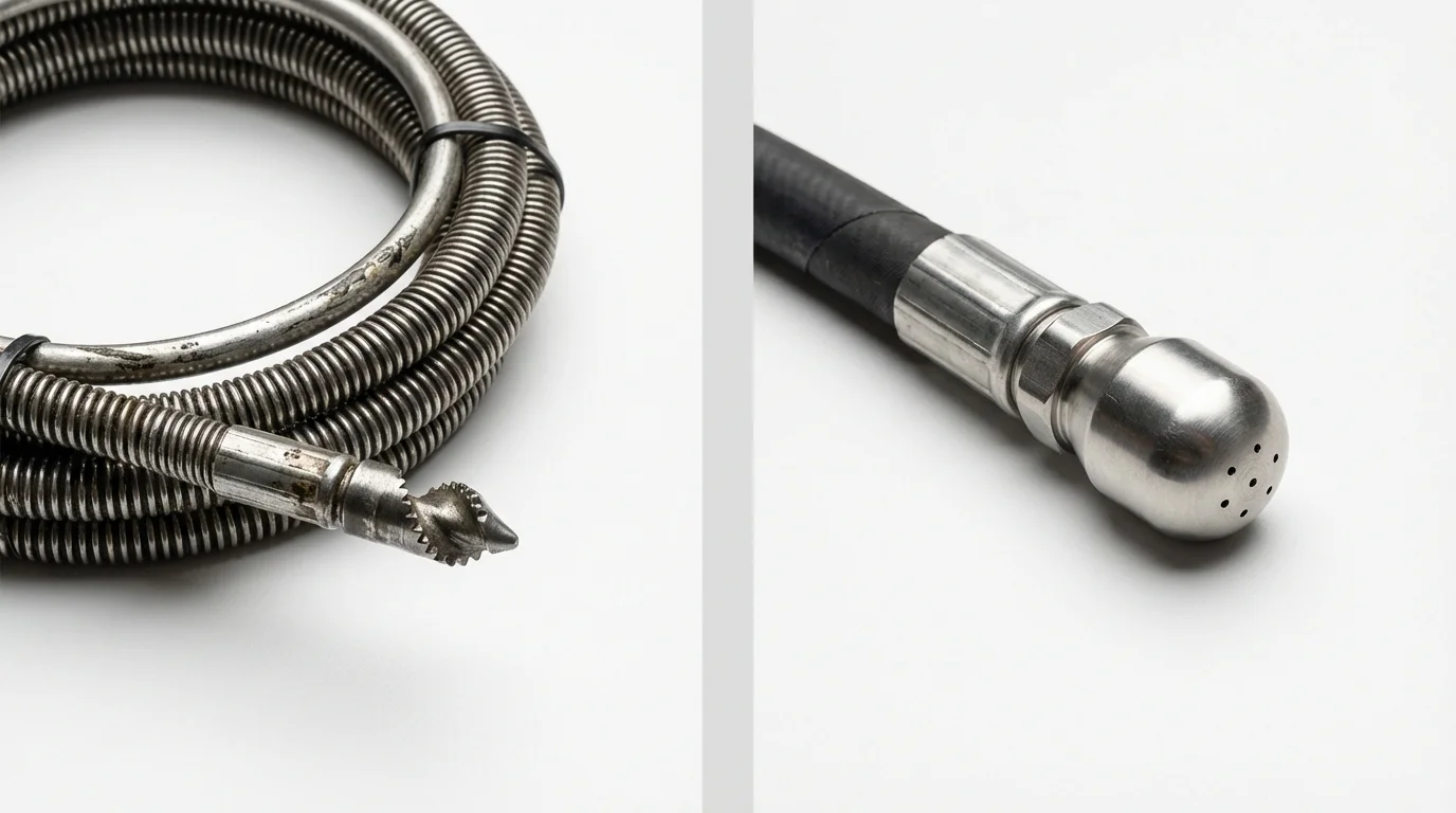 Drain snake cable and hydro jetting nozzle used for drain cleaning in Slinger, WI