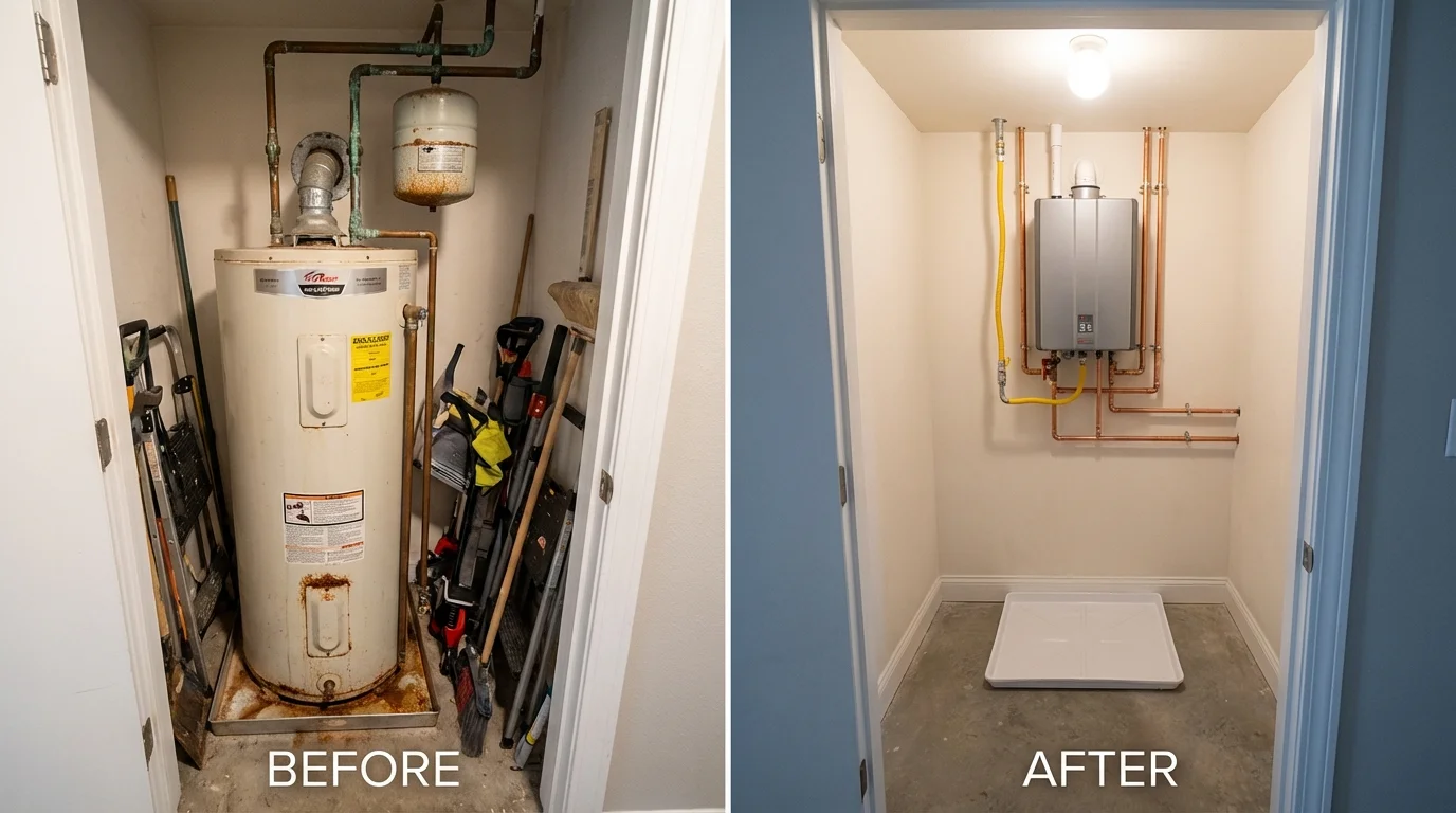 Tank water heater versus wall-mounted tankless unit comparison for Slinger, WI homeowners