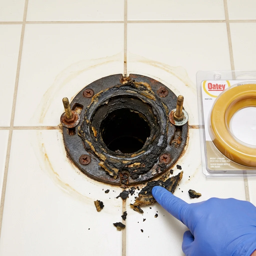 Failed wax ring showing water seepage at the base of a toilet in a Slinger, WI home