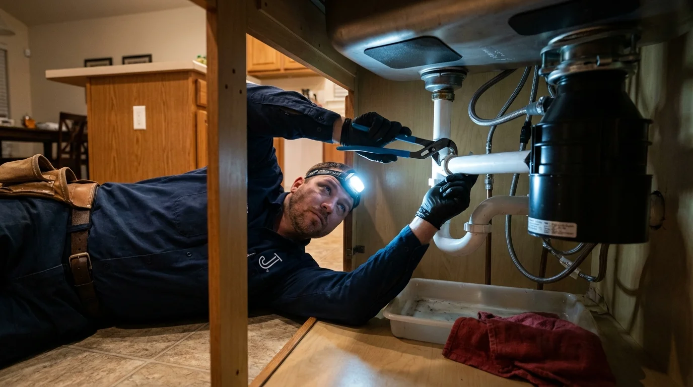 P-trap and supply line connections under a kitchen sink showing a common leak point in Slinger, WI